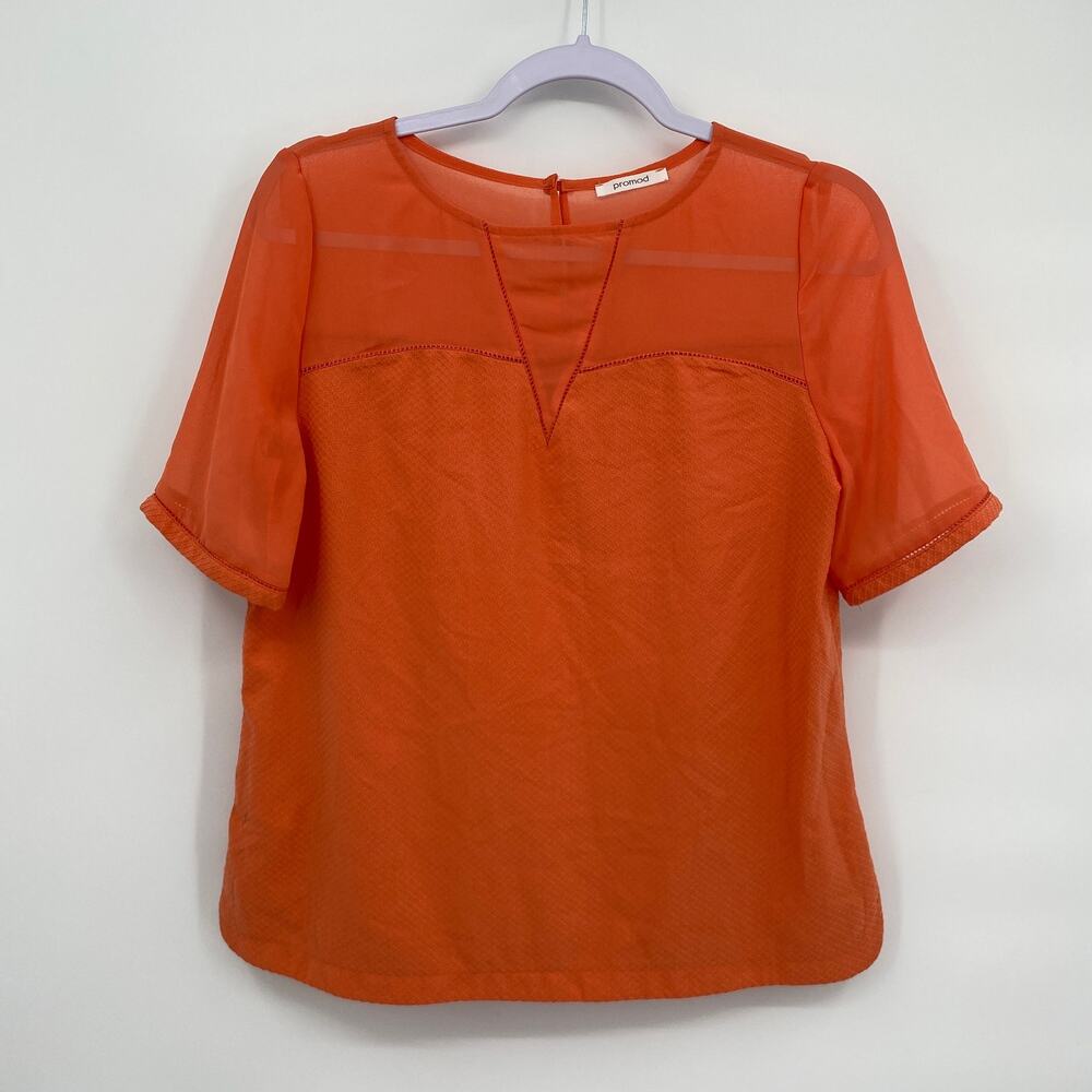 Promod Round Mesh Neck Short Sleeve Blouse Orange Women's Size 6